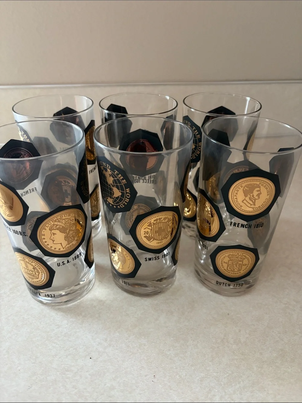 Vintage Libbey Gold Coins of the World Highball Glasses, Set of 6